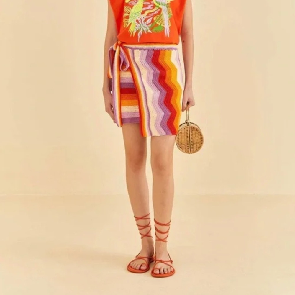 FARM RIO Multi Stripes Crochet Wrap Mini Skirt Boho Rainbow Zig Zag Womens L NWT